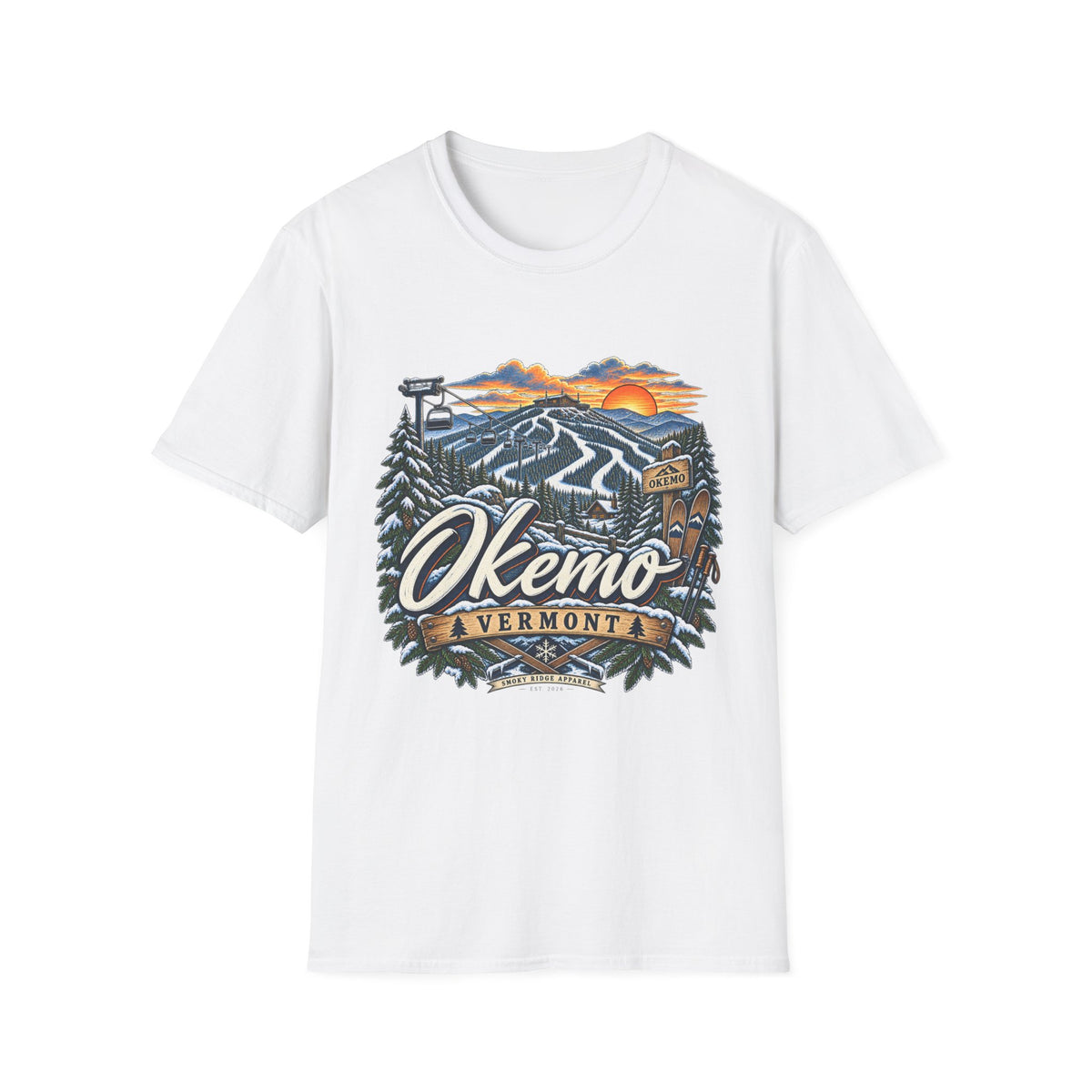 Okemo Vermont Ski Resort T-Shirt | Mountain Sunset Skiing Graphic