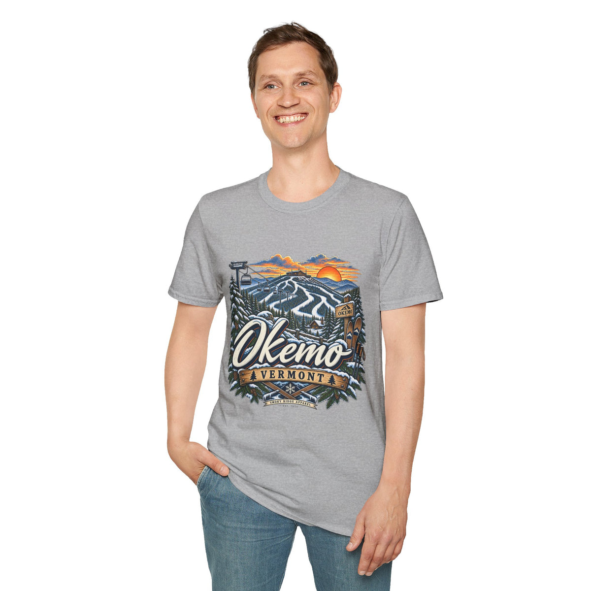 Okemo Vermont Ski Resort T-Shirt | Mountain Sunset Skiing Graphic