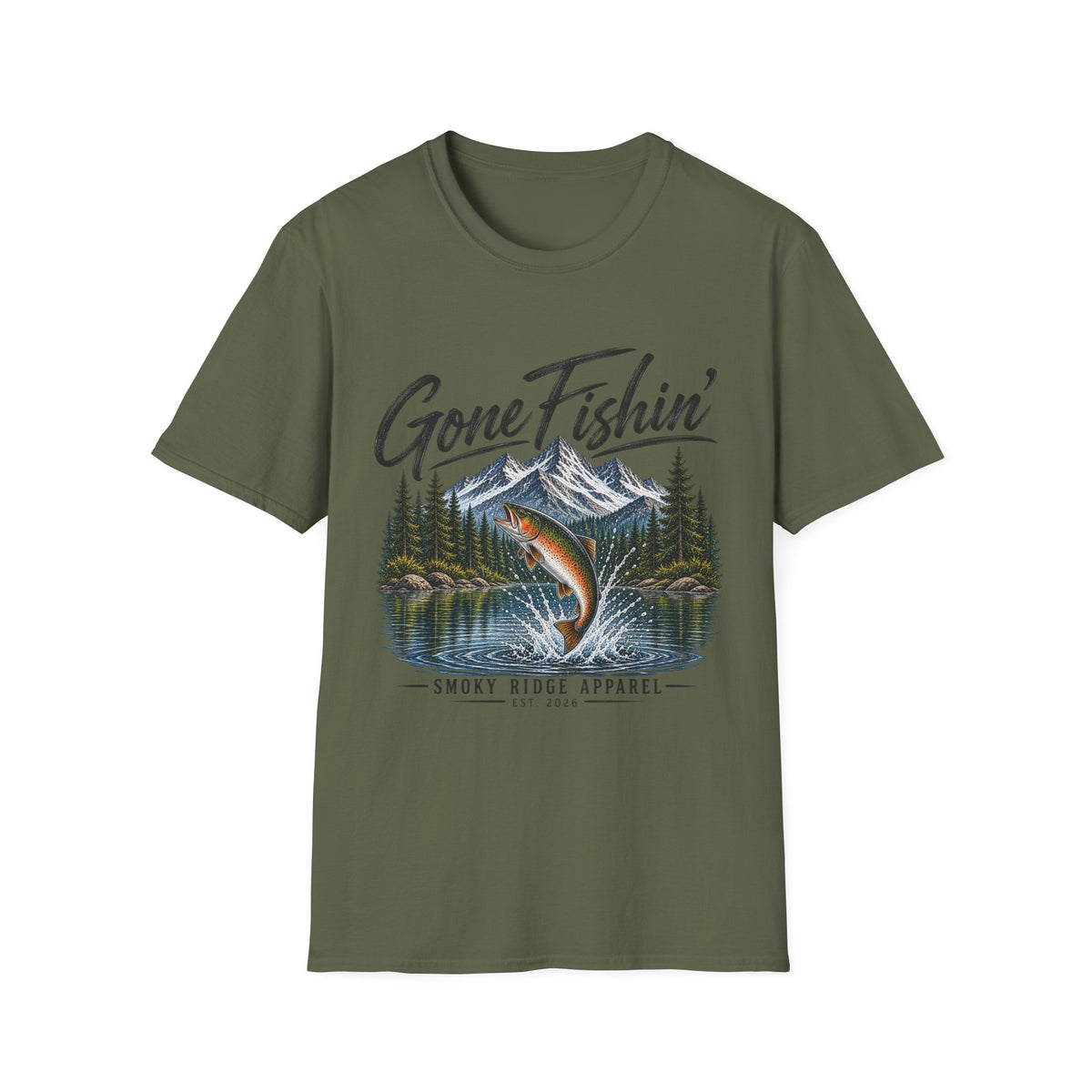 Gone Fishin' mountain trout T-Shirt | Fishing cabin outdoors design