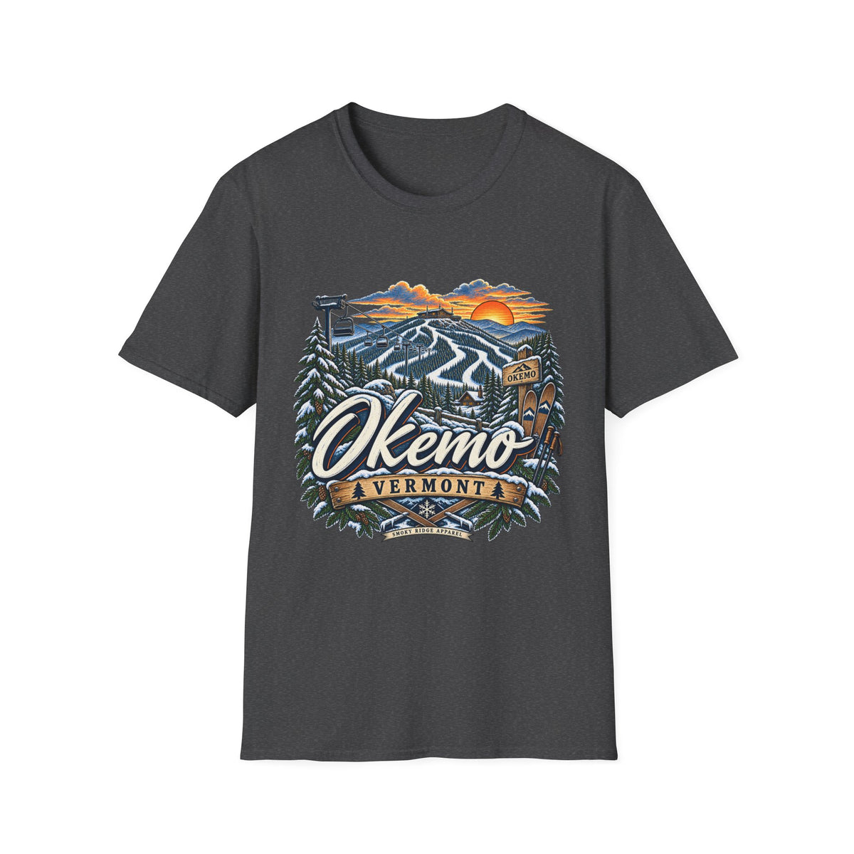 Okemo Vermont Ski Resort T-Shirt | Mountain Sunset Skiing Graphic