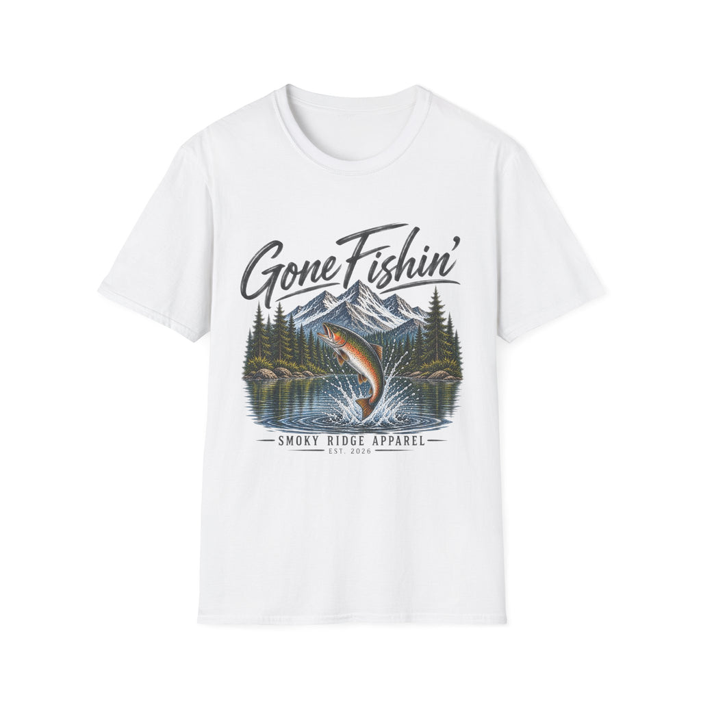 Gone Fishin' mountain trout T-Shirt | Fishing cabin outdoors design