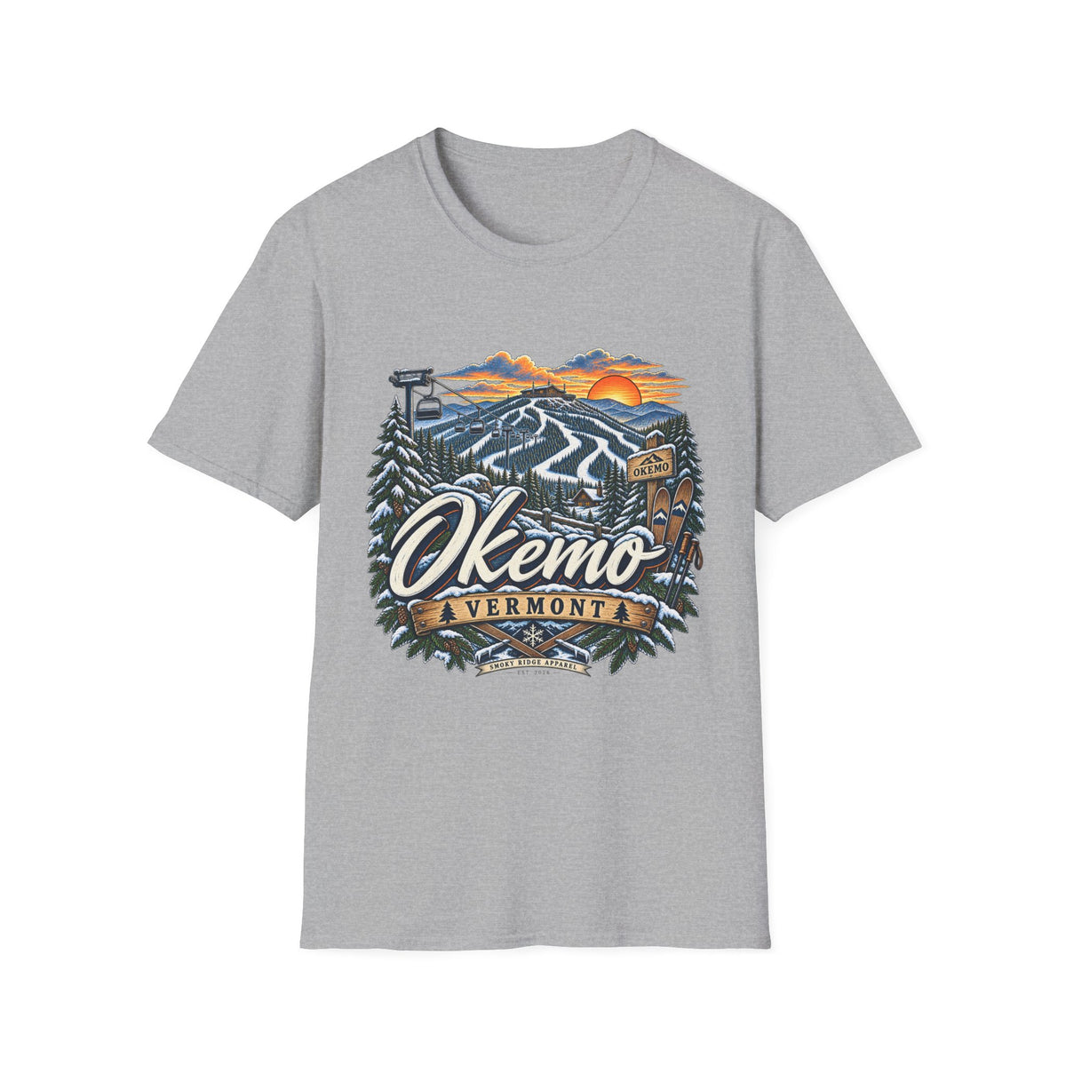 Okemo Vermont Ski Resort T-Shirt | Mountain Sunset Skiing Graphic