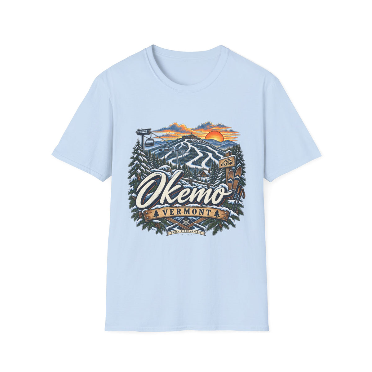 Okemo Vermont Ski Resort T-Shirt | Mountain Sunset Skiing Graphic