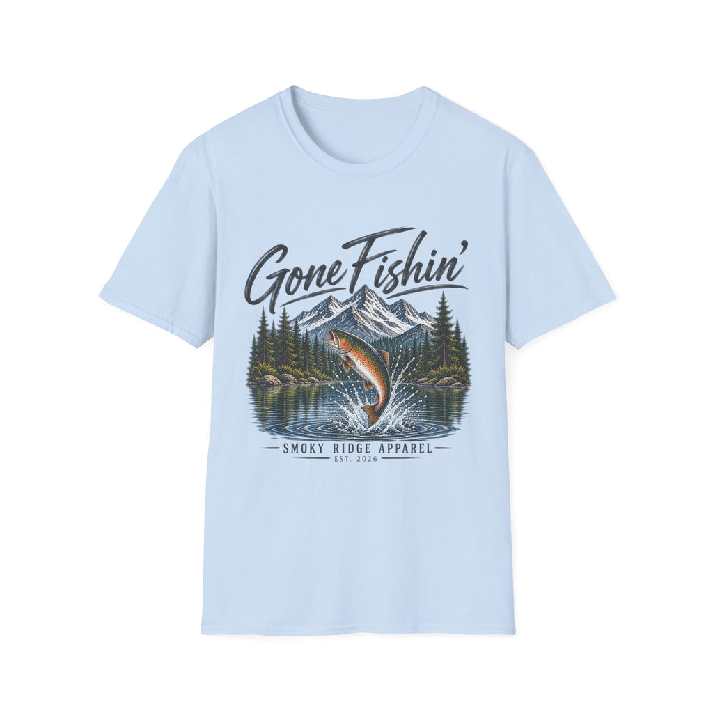 Gone Fishin' mountain trout T-Shirt | Fishing cabin outdoors design