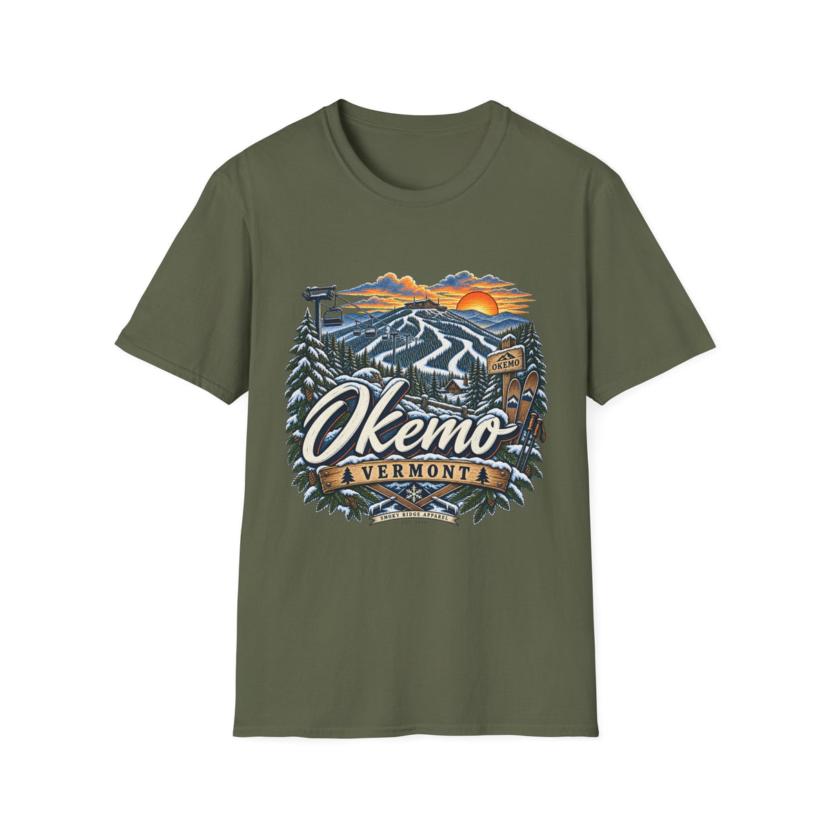Okemo Vermont Ski Resort T-Shirt | Mountain Sunset Skiing Graphic